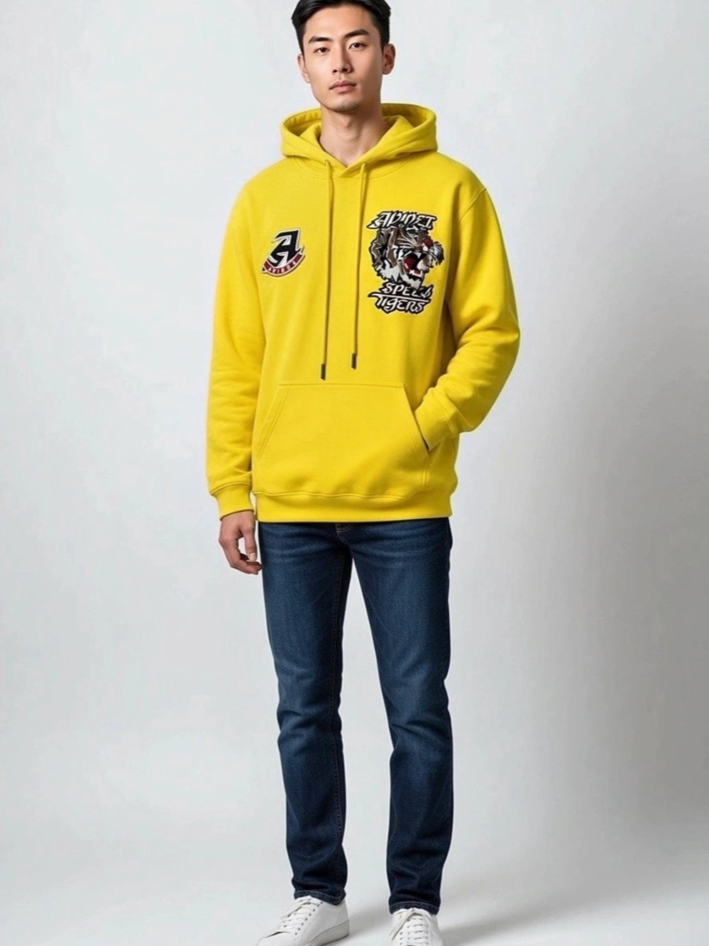 Avirex Tiger Logo Hoodie Graphic Pullover Yellow Large